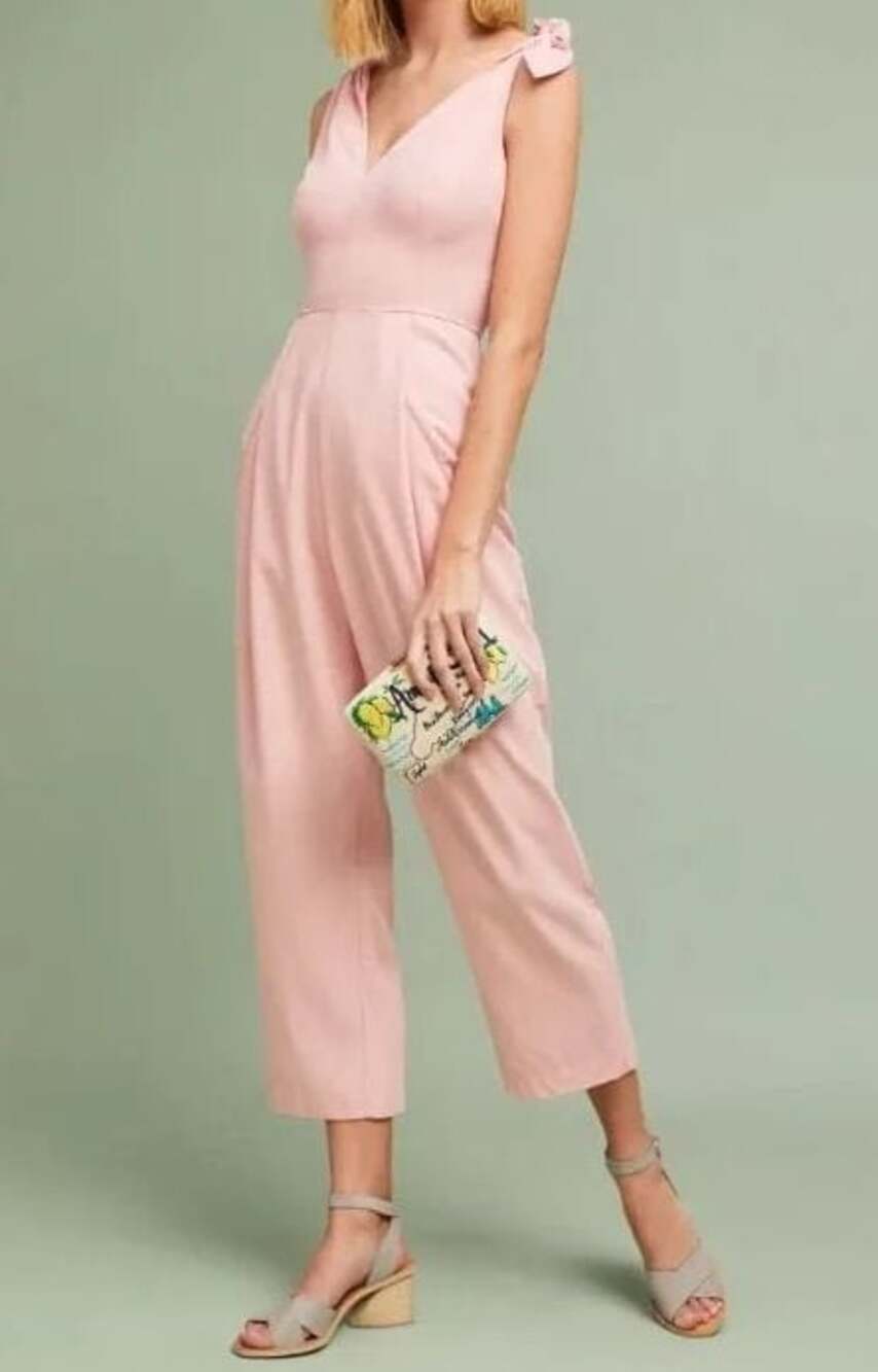 Tracy Reese x Anthropologie Maude Pink Tie-Shoulder pocket Jumpsuit size 12 Chic